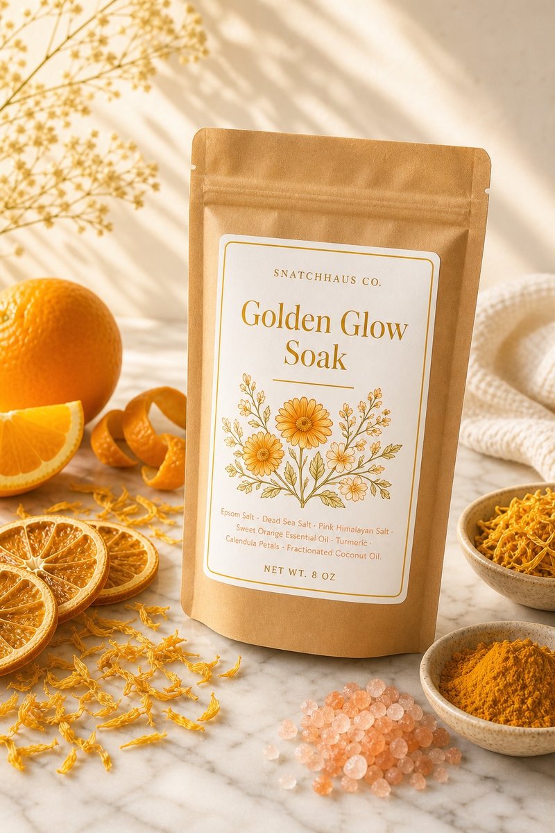 Golden Glow Soak – Epsom, Dead Sea & Pink Himalayan Bath Salts with Sweet Orange, Turmeric and Calendula for Brightening and Radiant Skin