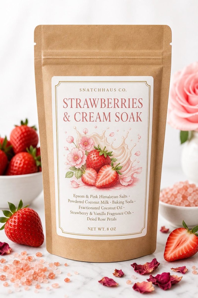 Strawberries & Cream Soak – Coconut Milk Bath Salts with Strawberry, Vanilla and Dried Rose Petals