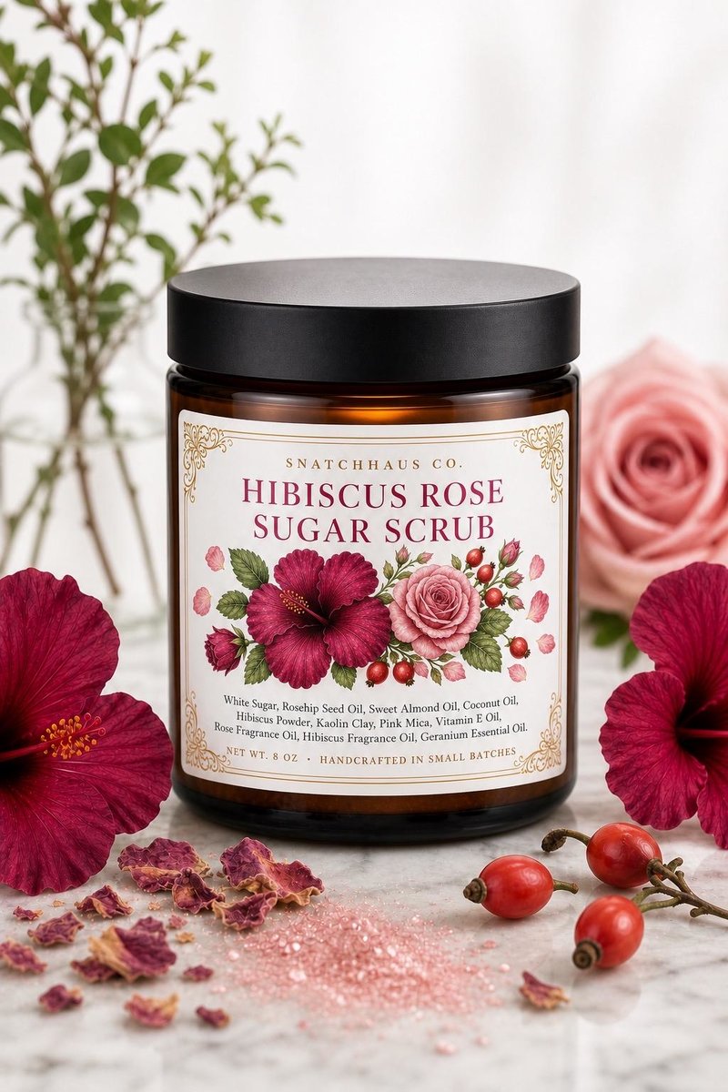 Hibiscus Rose Scrub – Floral Sugar Body Scrub with Rosehip Seed Oil & Kaolin Clay