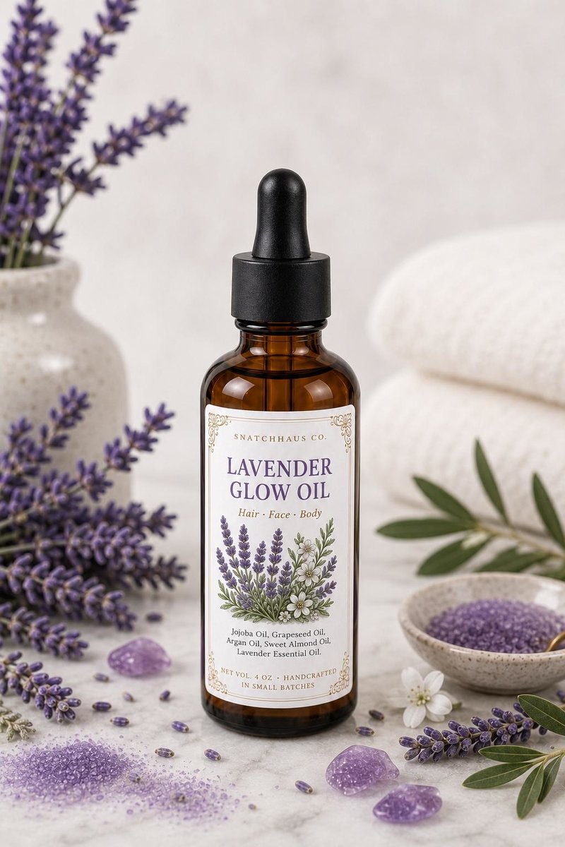 Lavender Glow Oil – 3-in-1 Hair Face & Body Oil with Jojoba Grapeseed and Argan Oil